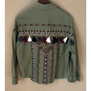 Zara Embroidered Jacket S Shacket Tassel Fringe Crop Festival Aztec
